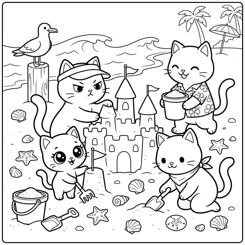 Schattige katten kleurplaat bouwen zandkasteel op strand.