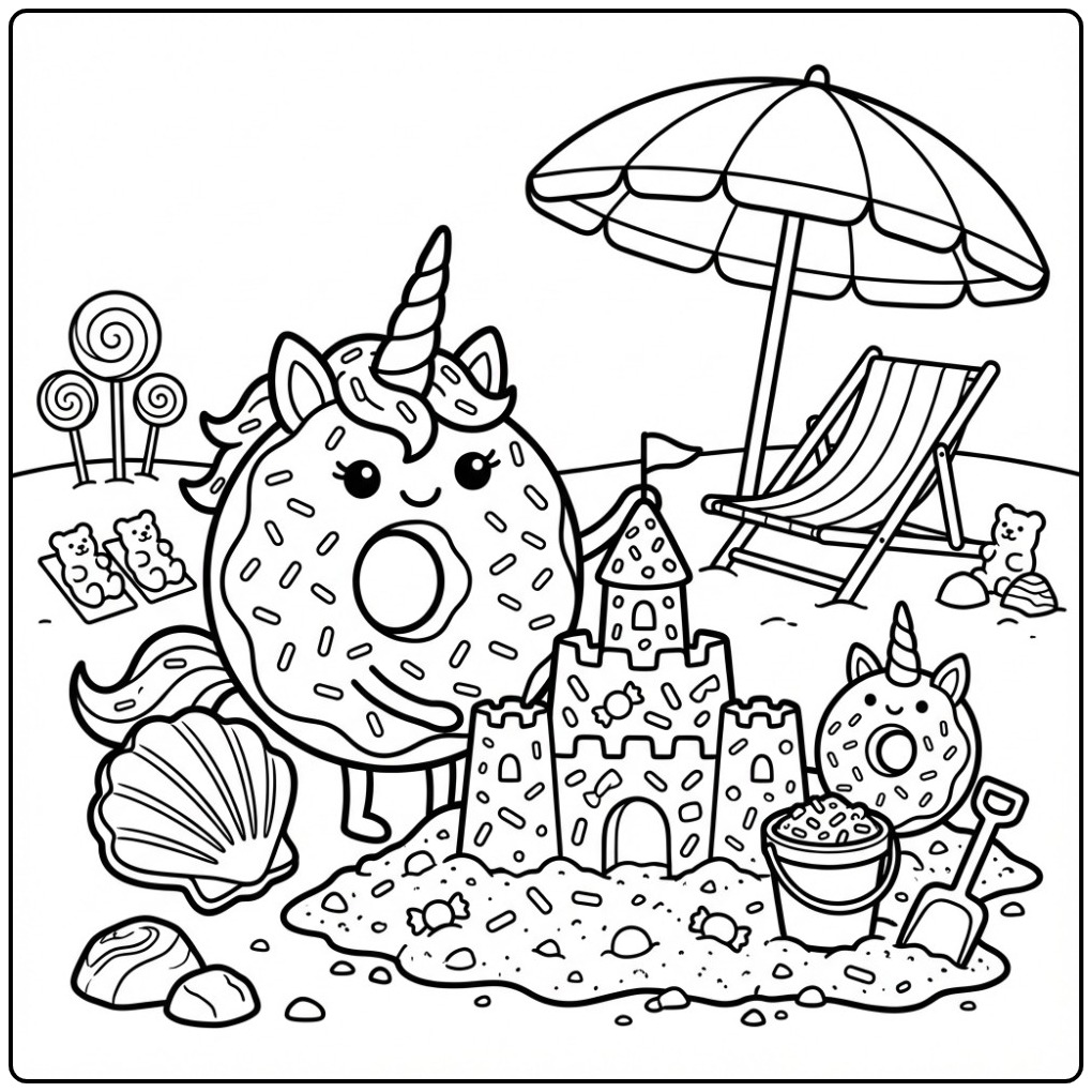 Vrolijke kleurplaat donut unicorn bouwt een zandkasteel.