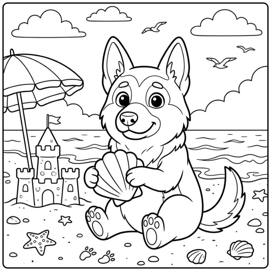 Een vrolijke kleurplaat duitse herder pup op het strand.