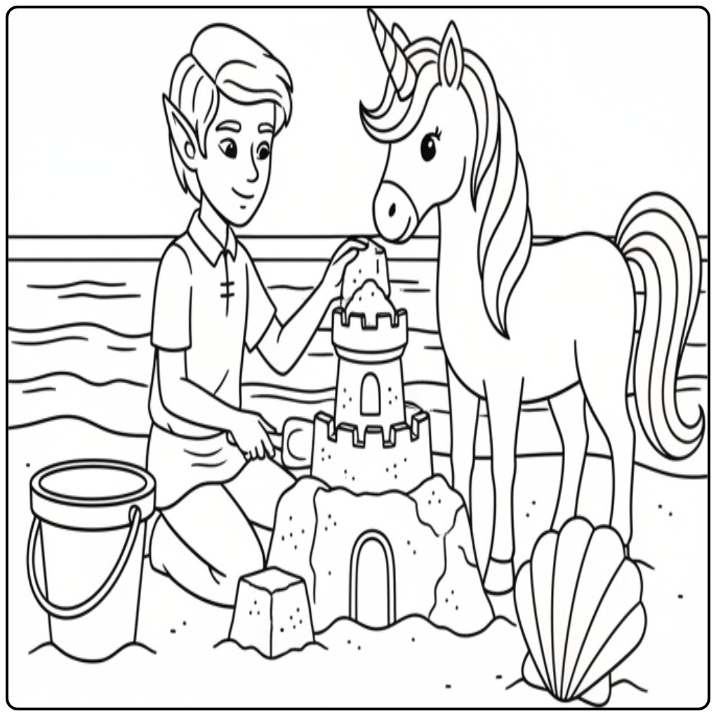 Een leuke kleurplaat elfje en eenhoorn op het strand.