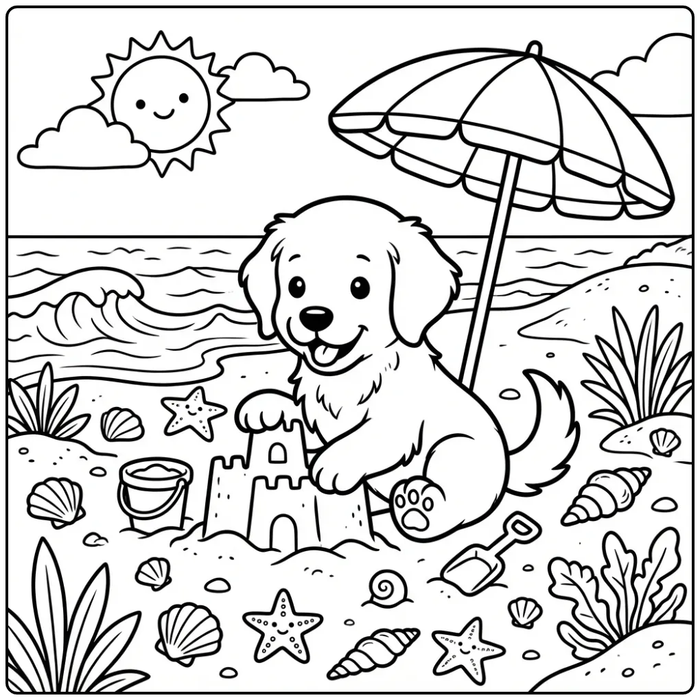 Schattige kleurplaat golden retriever puppy met zandkasteel.