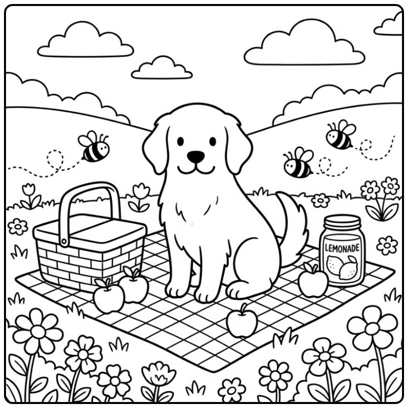 Vrolijke kleurplaat golden retriever op een picknickkleed.