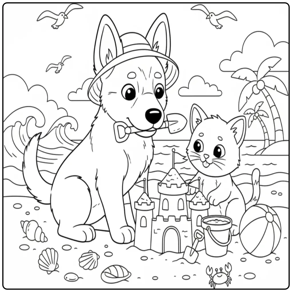 Een vrolijke kleurplaat hond en kat die een zandkasteel bouwen.