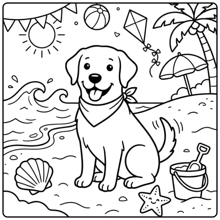 Leuke kleurplaat hond schattig met schelp en zeester