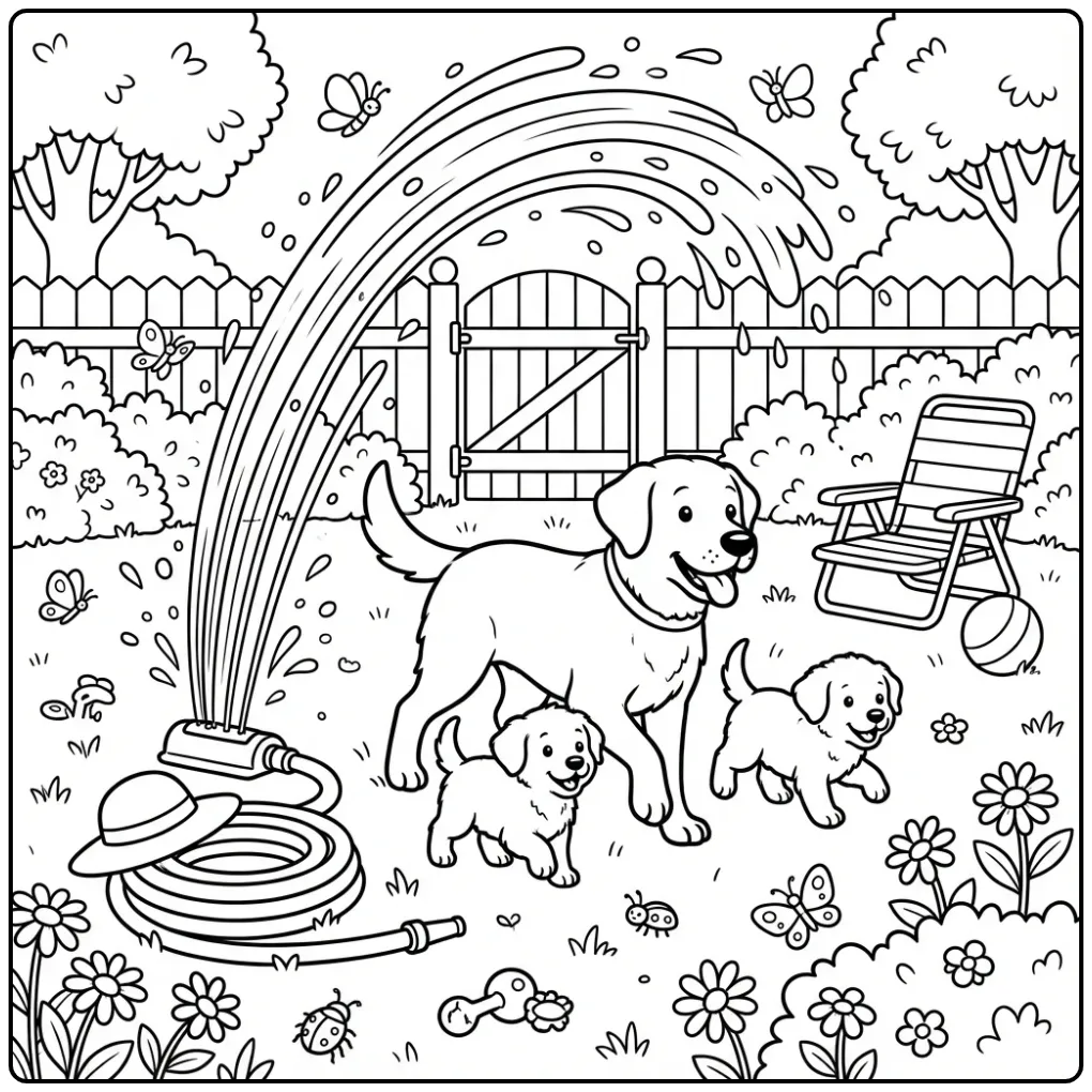 Kleurplaat honden puppies spelen vrolijk met de tuinsproeier.