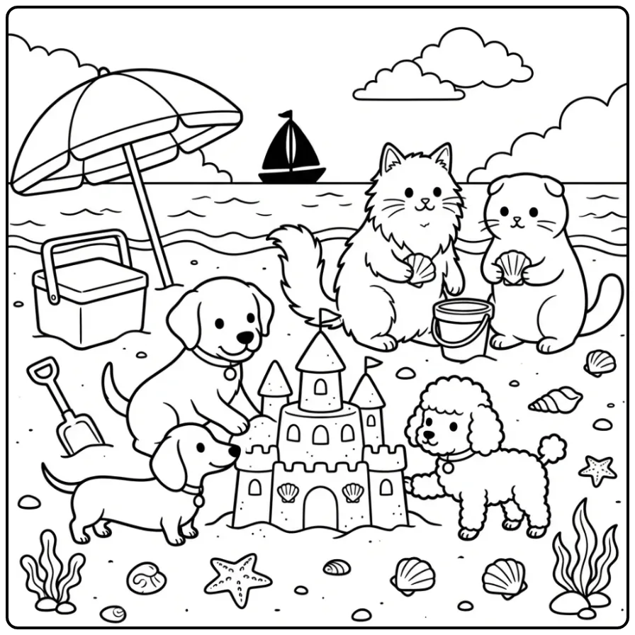 Vrolijke kleurplaat hondjes en katjes op het zonnige strand