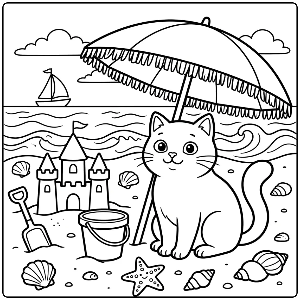 Een leuke kleurplaat kat onder een parasol op het strand.