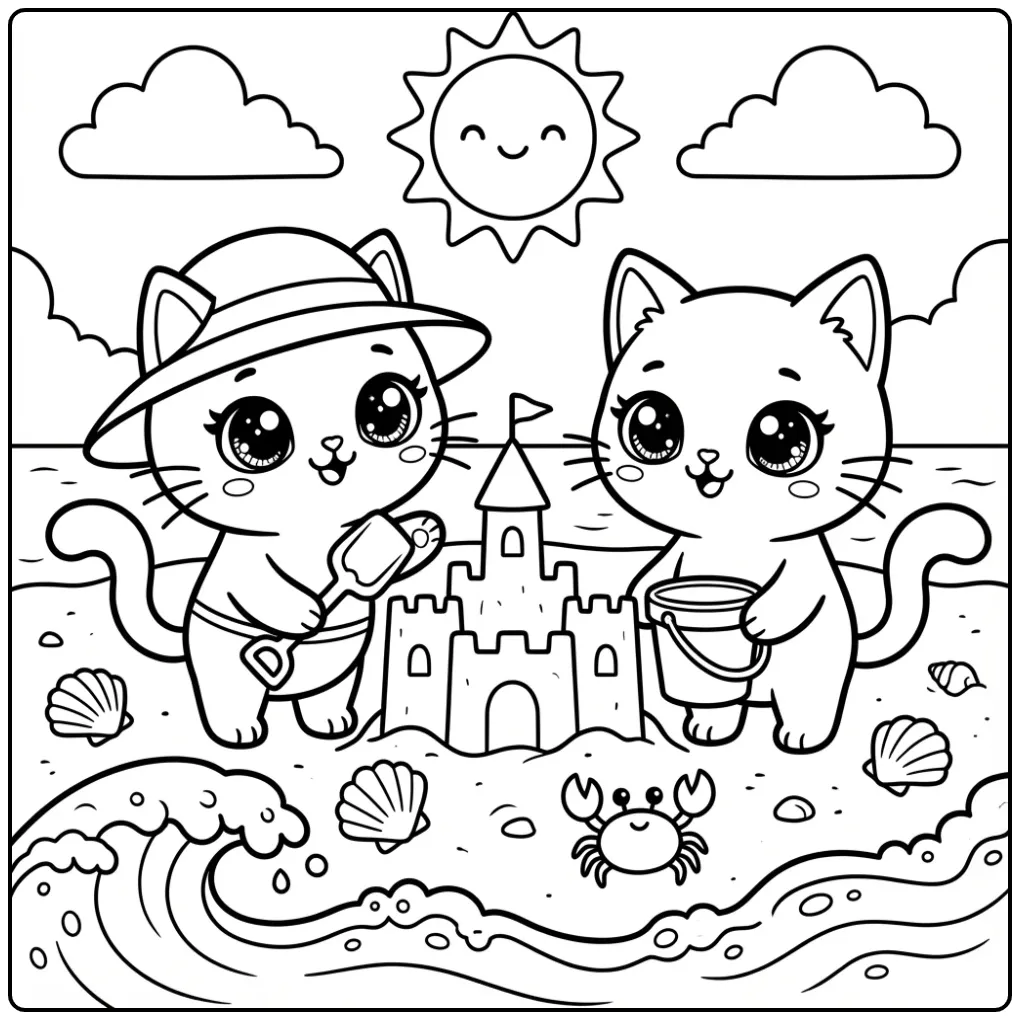 Schattige kleurplaat kawaii kat bouwt zandkasteel op strand.