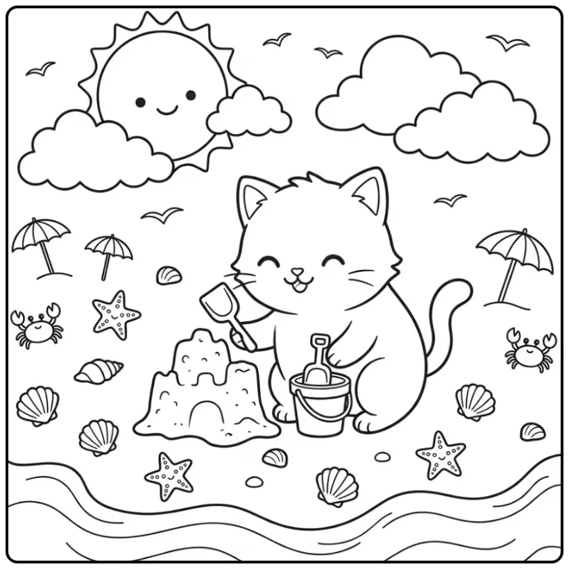 Schattige kleurplaat kitten bouwt een zandkasteel op strand.
