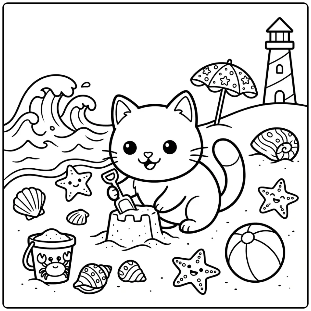 Een kleurplaat kitten schattig bouwt een zandkasteel op het strand.