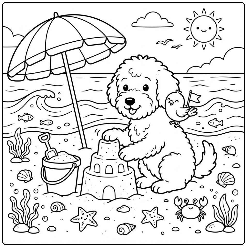 Schattige kleurplaat labradoodle die een zandkasteel bouwt.
