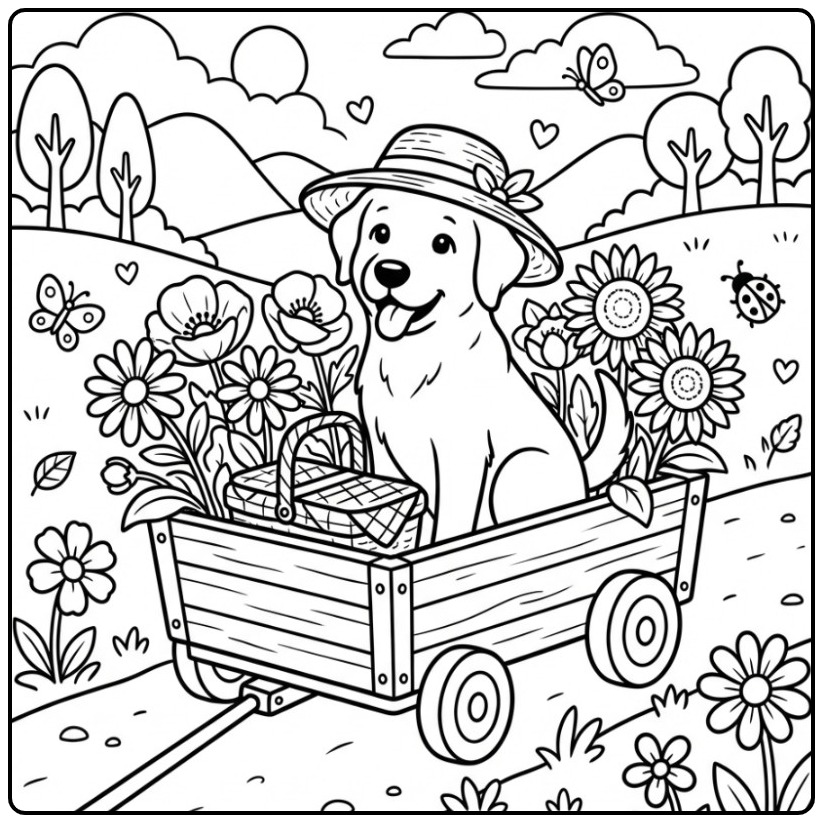 Vrolijke kleurplaat labrador pup in een bolderkar met bloemen.