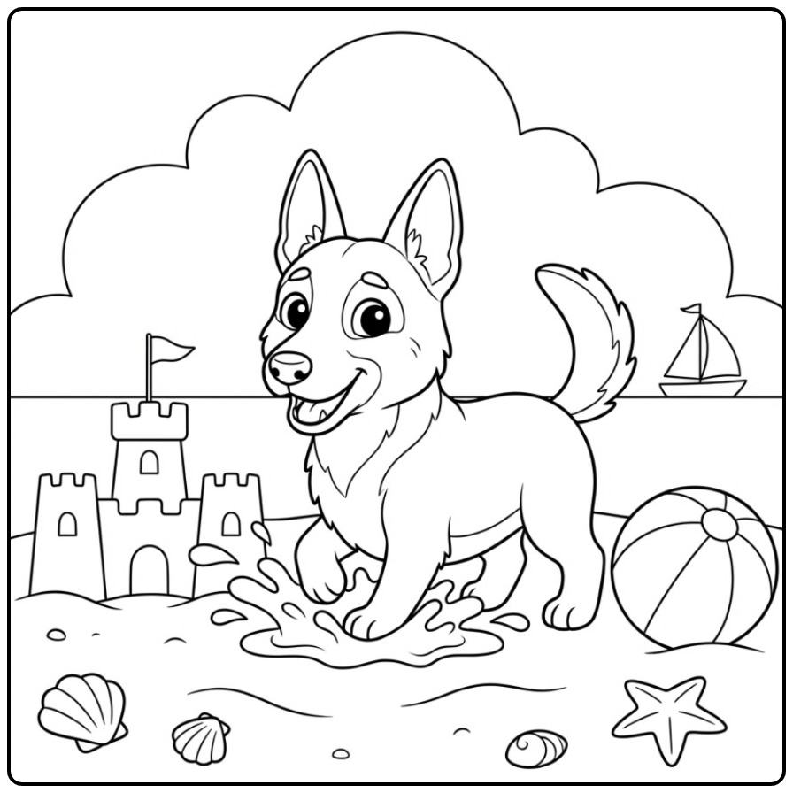 Een schattige kleurplaat mechelse herder op het strand.