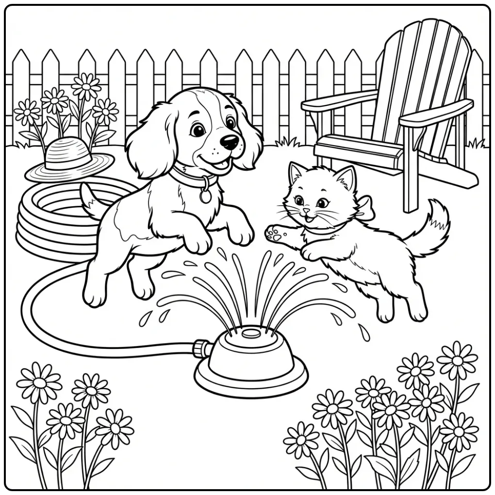 Een vrolijke kleurplaat puppy en kitten bij de tuinsproeier.