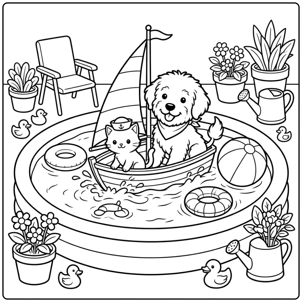 Schattige kleurplaat puppy en kitten varend op een bootje.