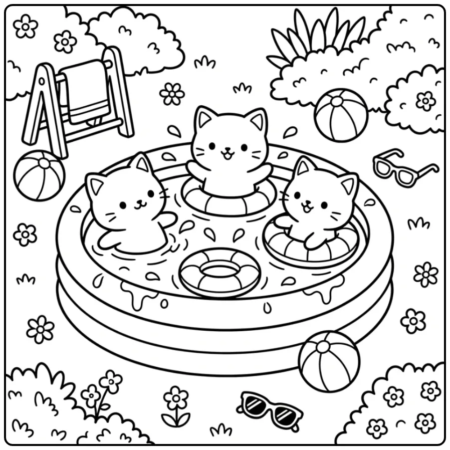 Kleurplaat schattige katjes spelend in een kinderbadje.