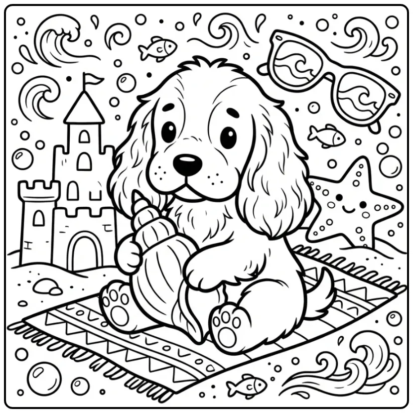 Een kleurplaat schattige puppy op het strand met een schelp.