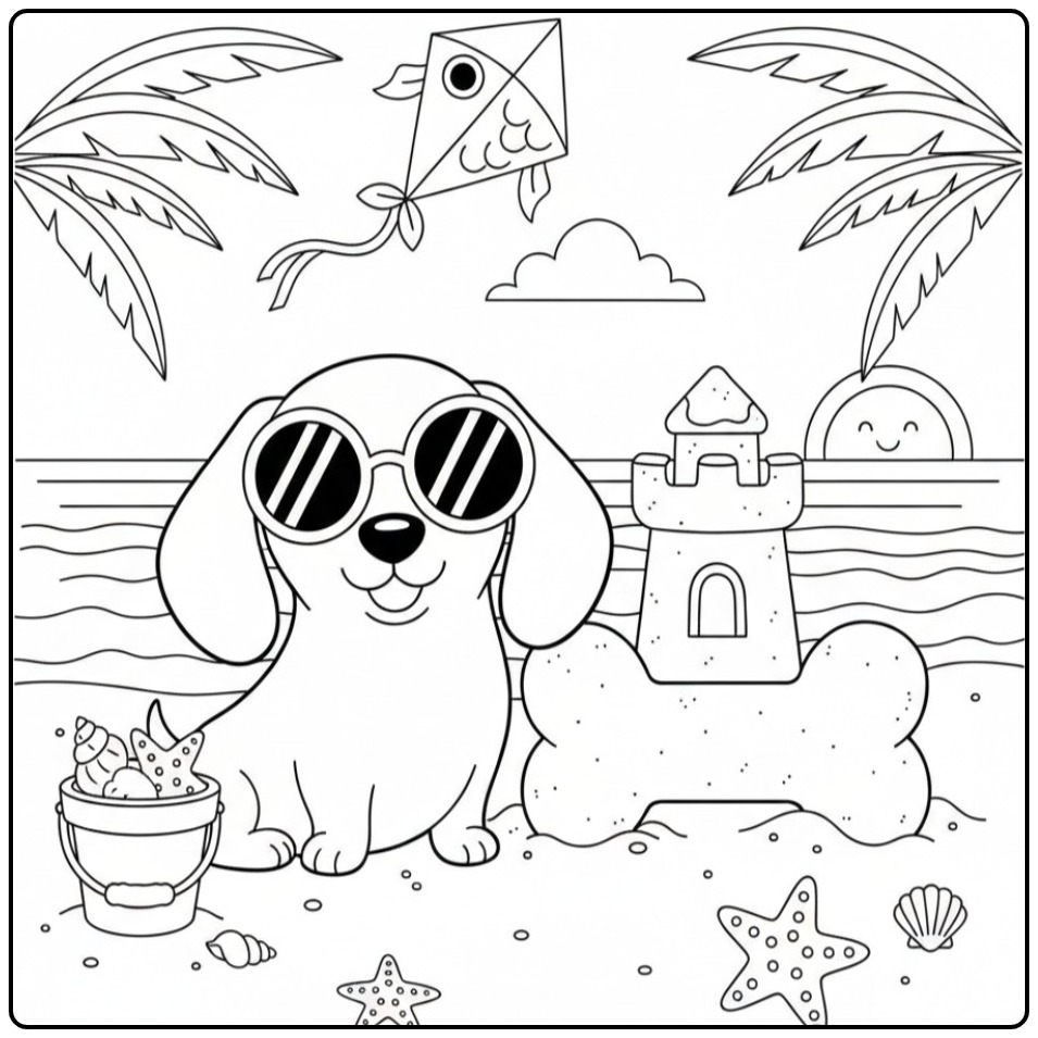 Vrolijke kleurplaat teckel met zonnebril op het strand.