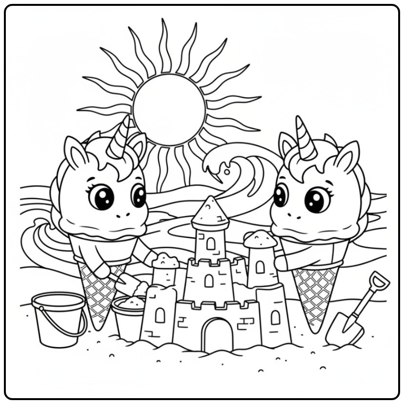 Leuke kleurplaat unicorn ijsje bouwt zandkasteel op het strand.