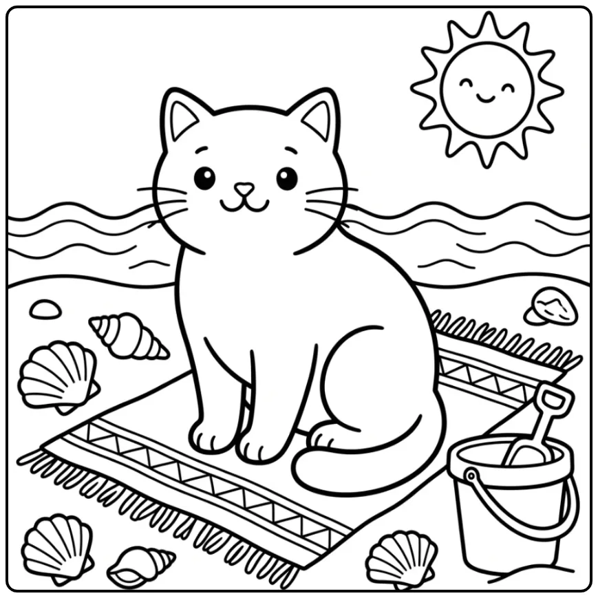 Een schattige kat kleurplaat op het strand met schelpen.