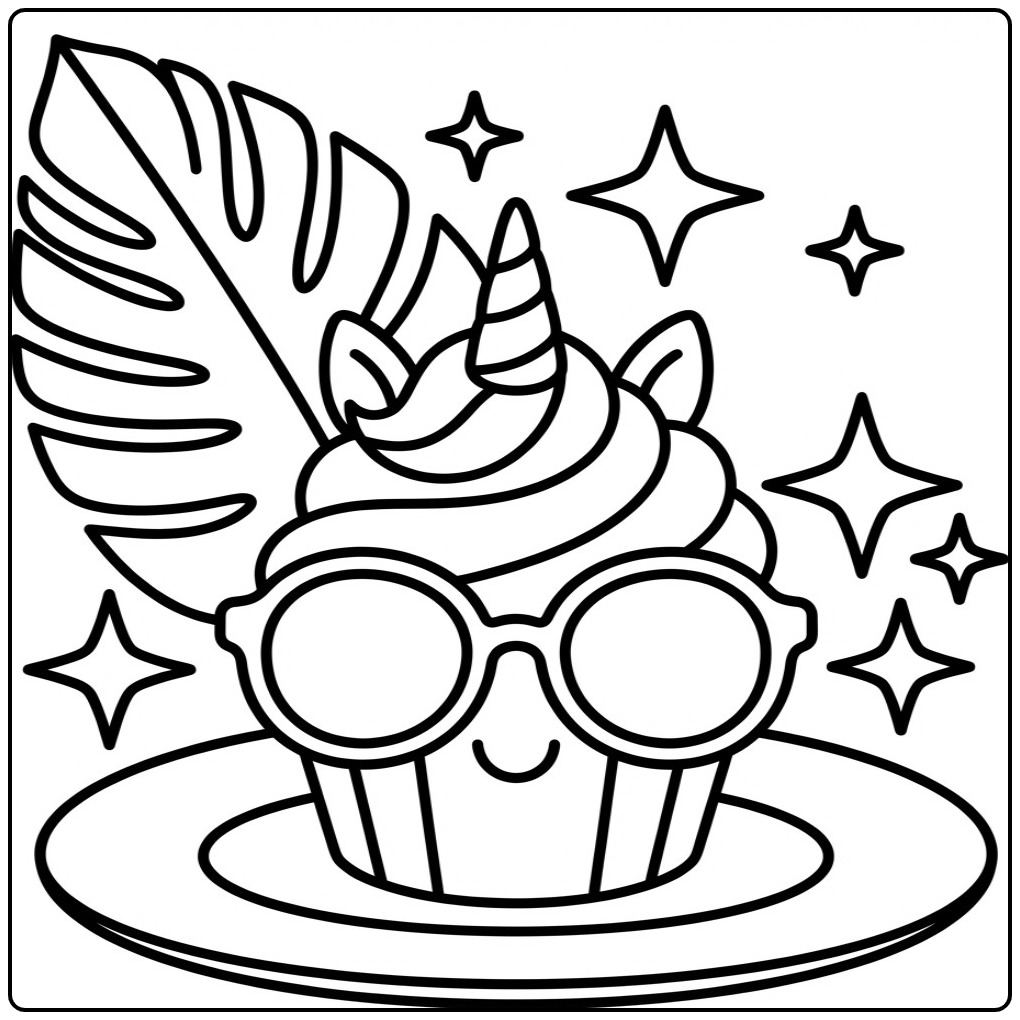 Coole unicorn cupcake kleurplaat met zonnebril en palmblad.