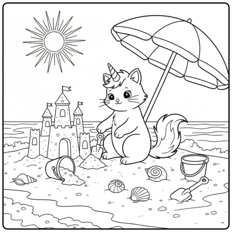 Leuke unicorn kat kleurplaat op het strand met een zandkasteel.