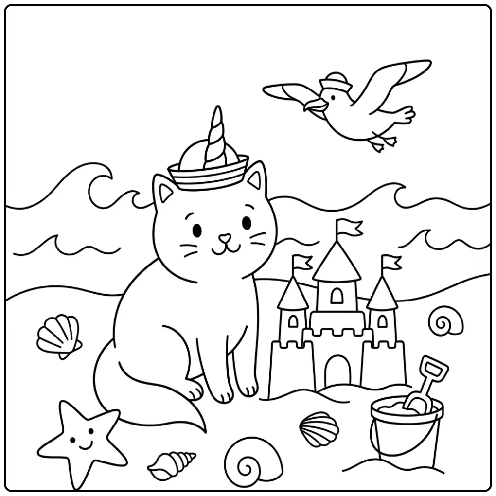 Leuke unicorn kat kleurplaat aan zee met een zeemanshoedje.