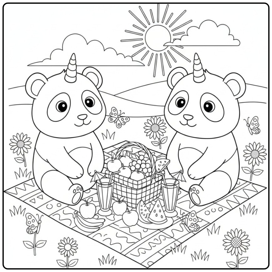 Twee schattige dieren op een unicorn panda kleurplaat picknick.