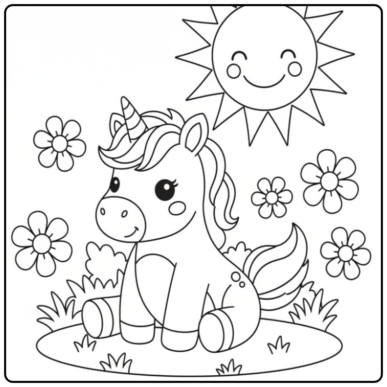 Vrolijke baby unicorn kleurplaat met een lachende zon.