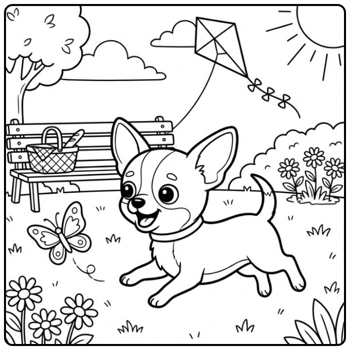 Een vrolijke kleurplaat chihuahua die in het park met een vlinder speelt.