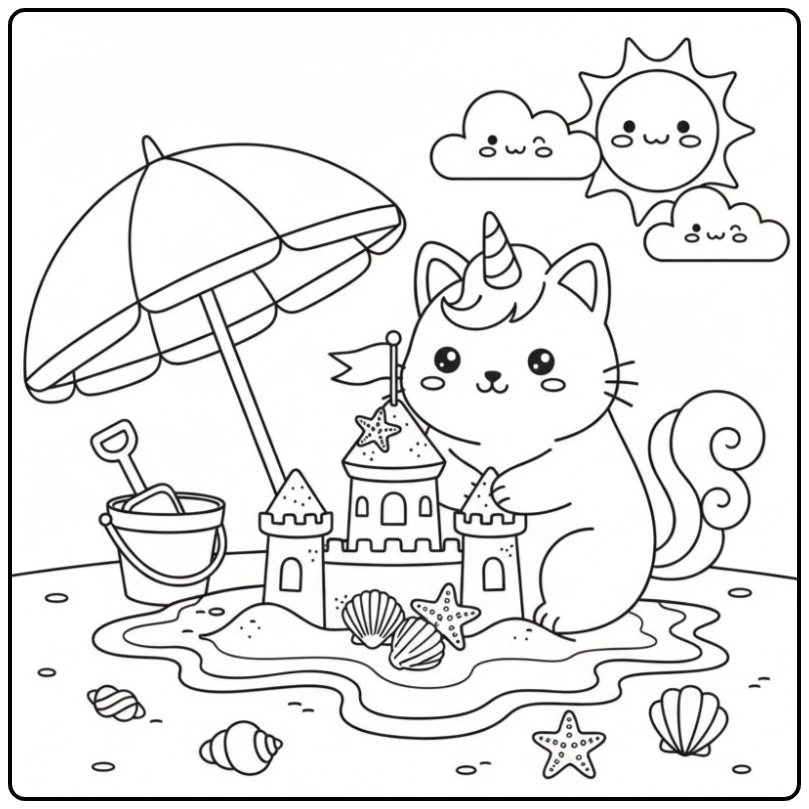 Schattige Kawaii Eenhoorn kat Kleurplaat op het strand.