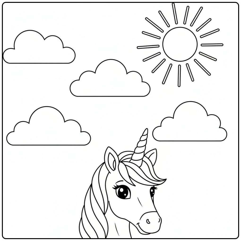 Een blije kleurplaat eenhoorn hoofd met zon en wolken.