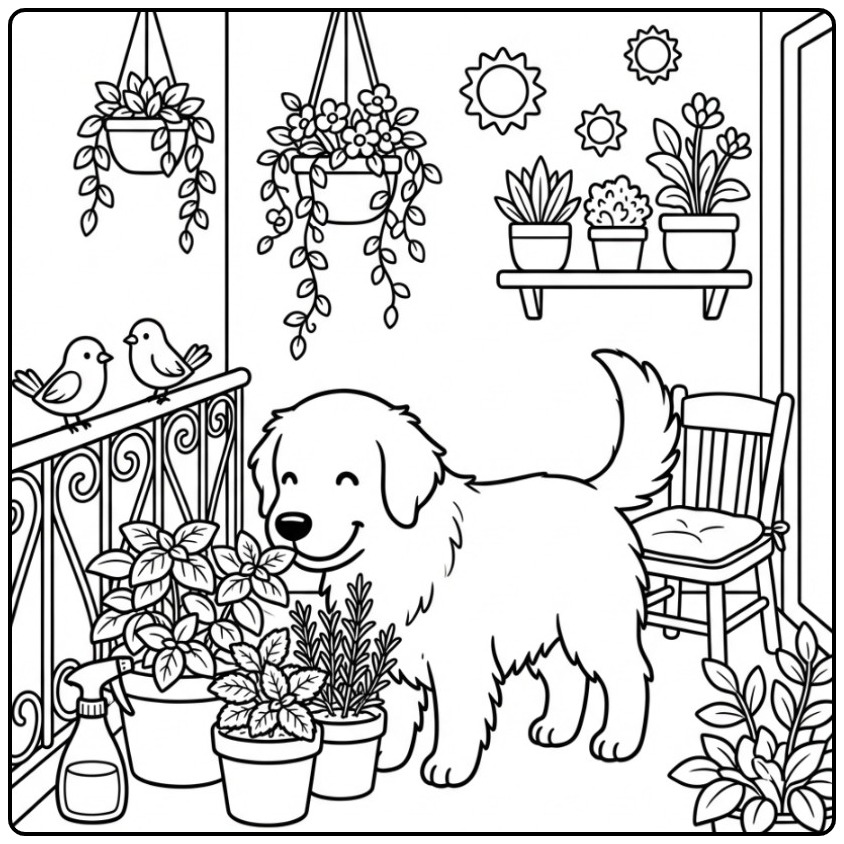 Vrolijke kleurplaat golden retriever op een balkon vol planten.