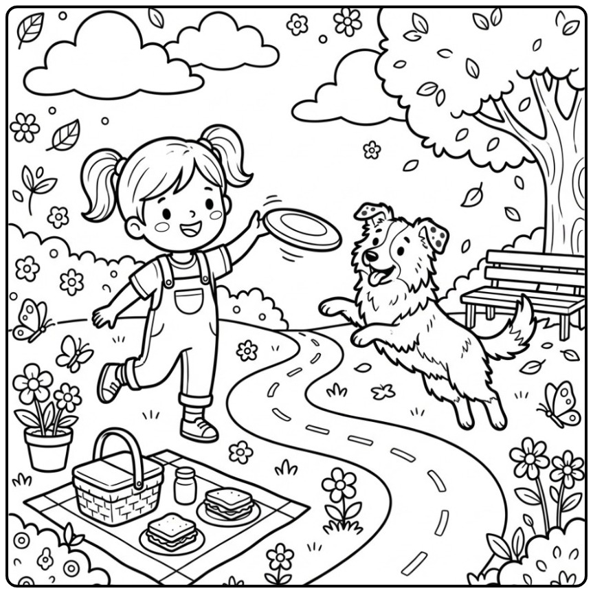 Speelse kleurplaat meisje met hond die een frisbee vangt.