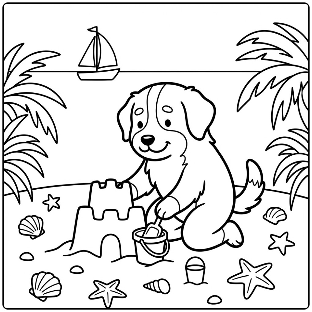 Vrolijke berner sennen kleurplaat hond bouwt een zandkasteel.