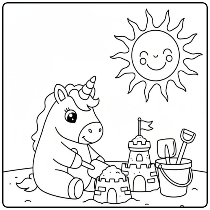 Een leuke kleurplaat eenhoorn schattig die zandkastelen bouwt.