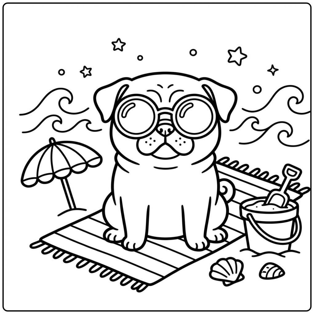 Leuke kleurplaat mopshond met zonnebril op een strandlaken.