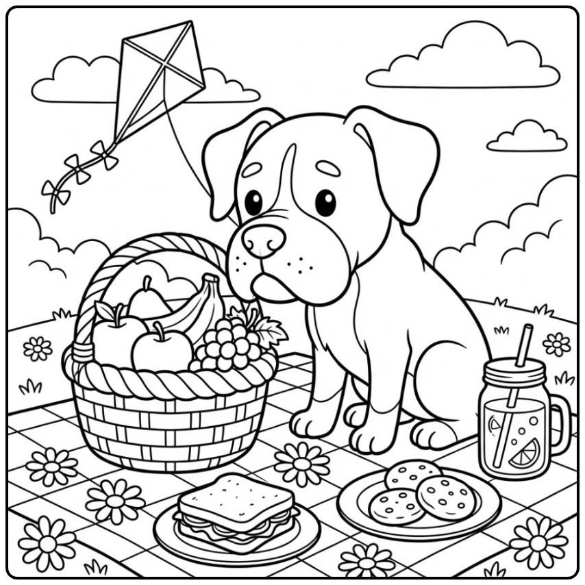 Leuke kleurplaat boxer hond met een picknickmand en vlieger.