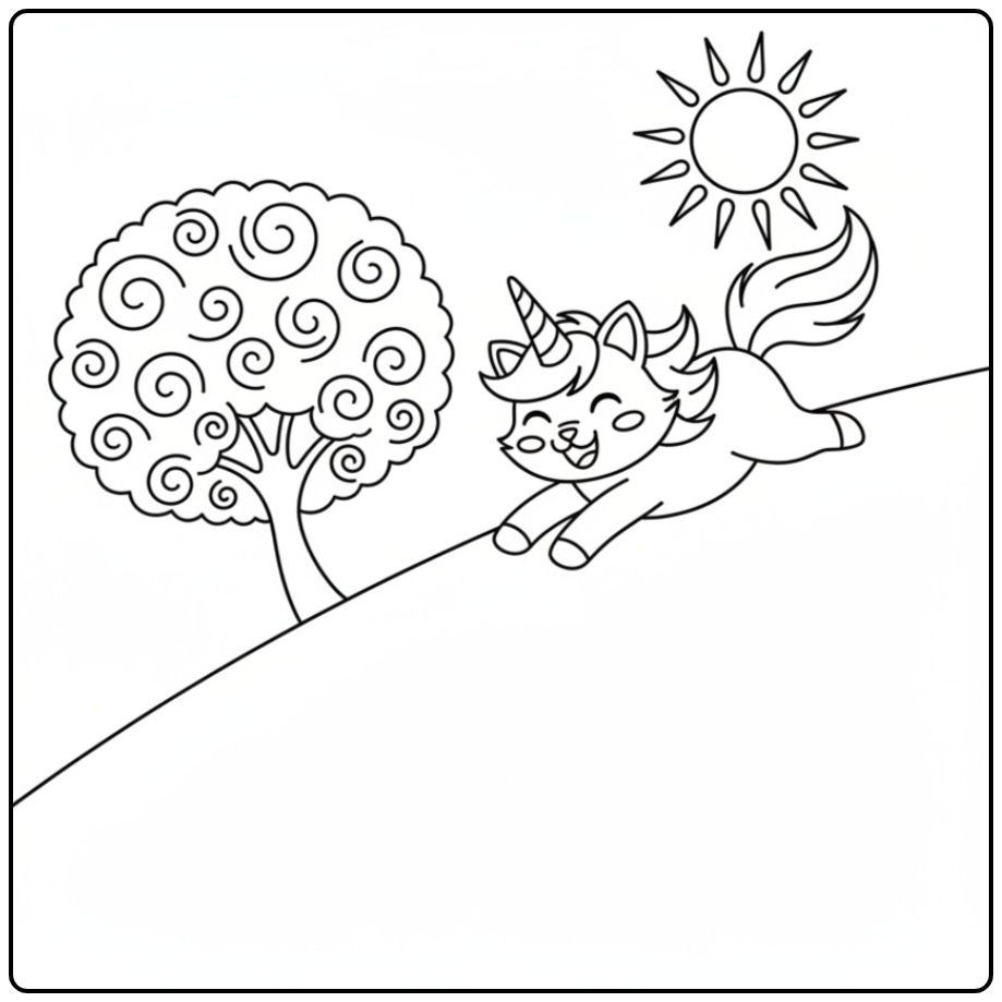 Een vrolijke unicorn kat kleurplaat die van een heuvel af rent.