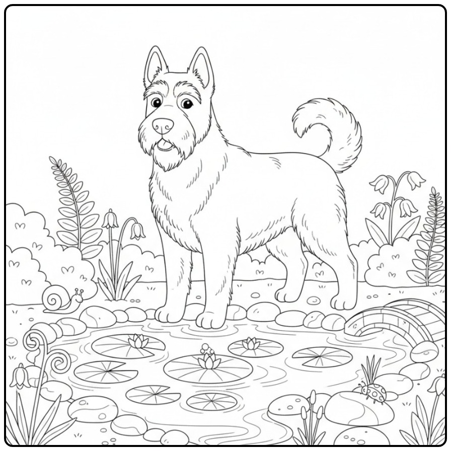 Een serene kleurplaat hond moeilijk van een terriër bij een vijver.