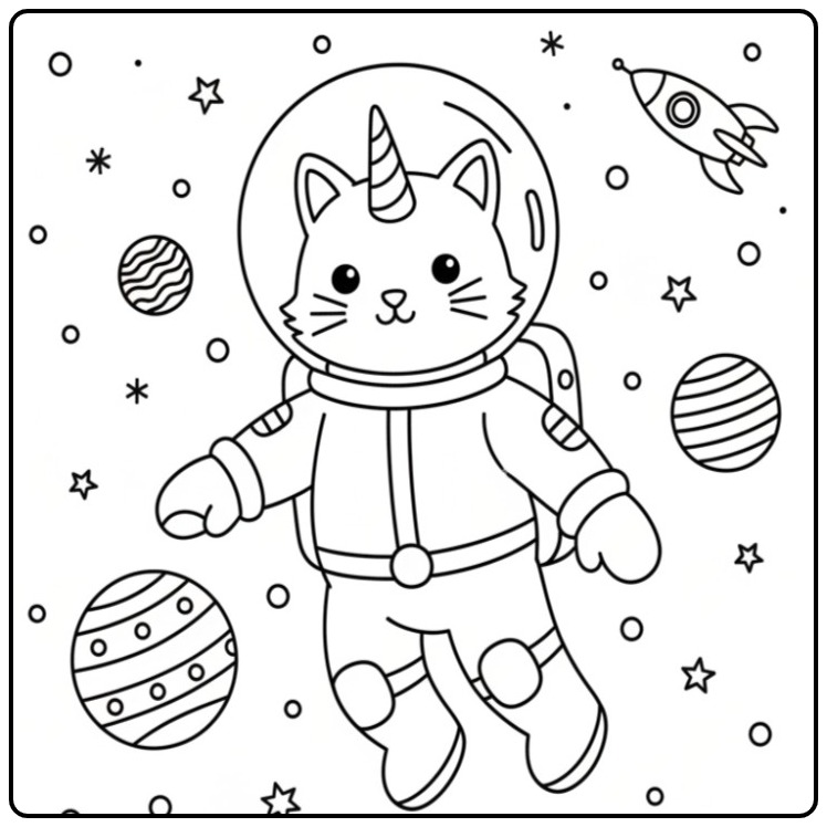 Een schattige astronaut als unicorn kat kleurplaat in de ruimte.