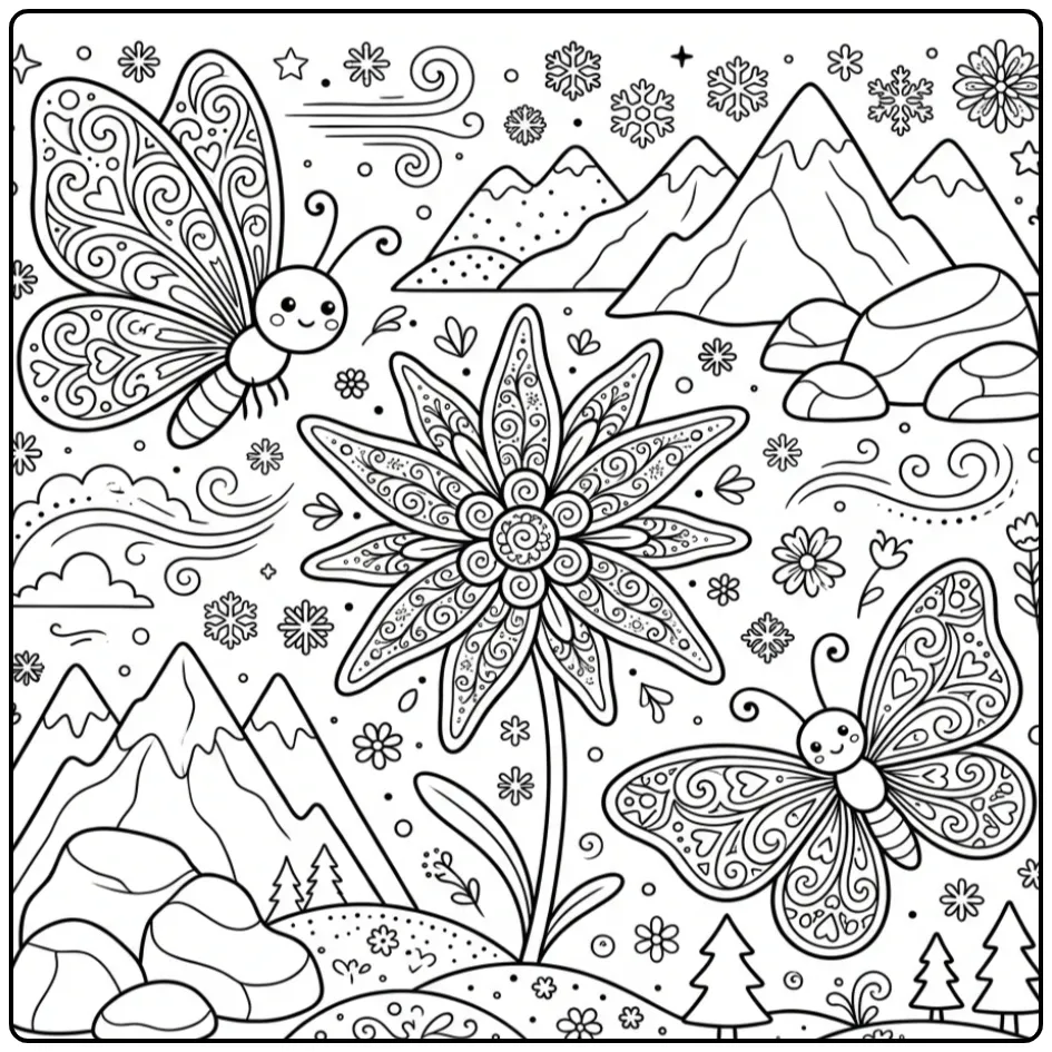 Edelweiss kleurplaat bloemen en vlinders moeilijk in bergen