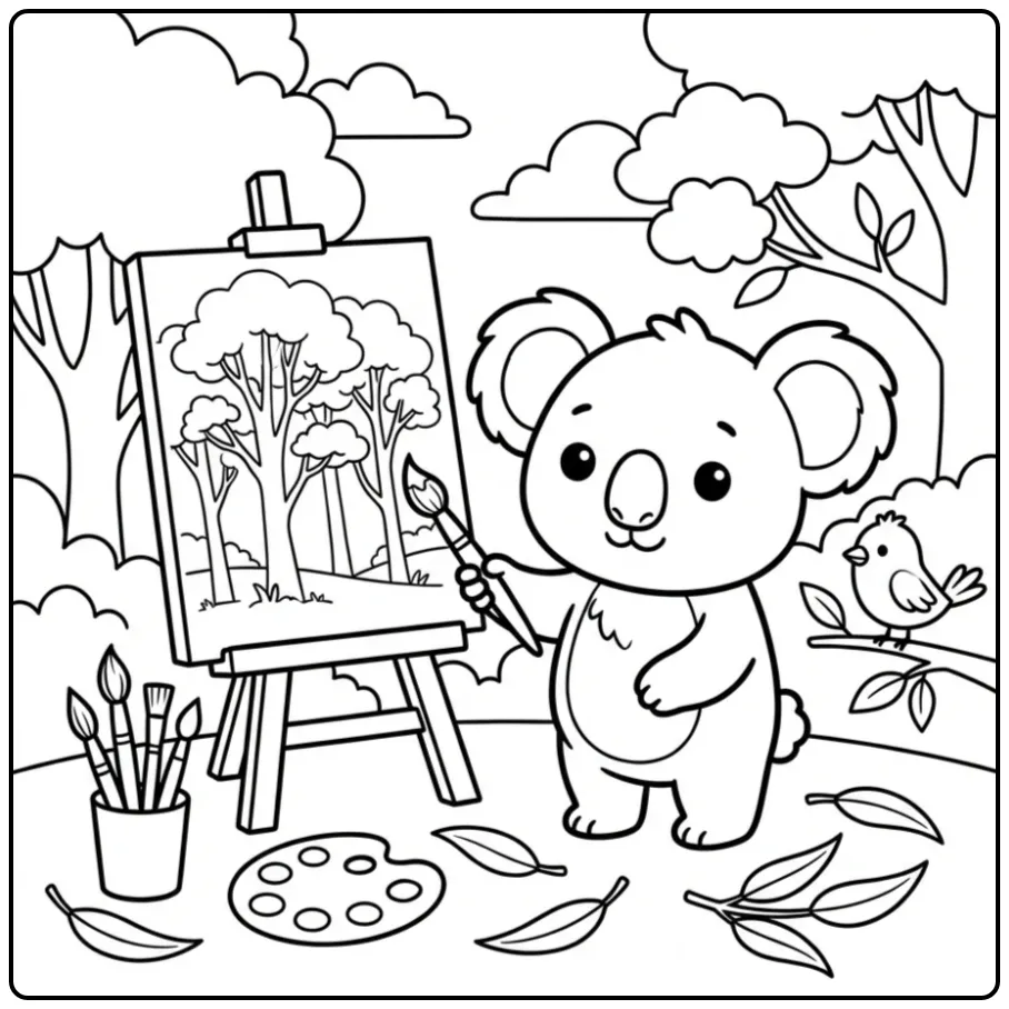 Kleurplaat koala beer die buiten schildert op een ezel.