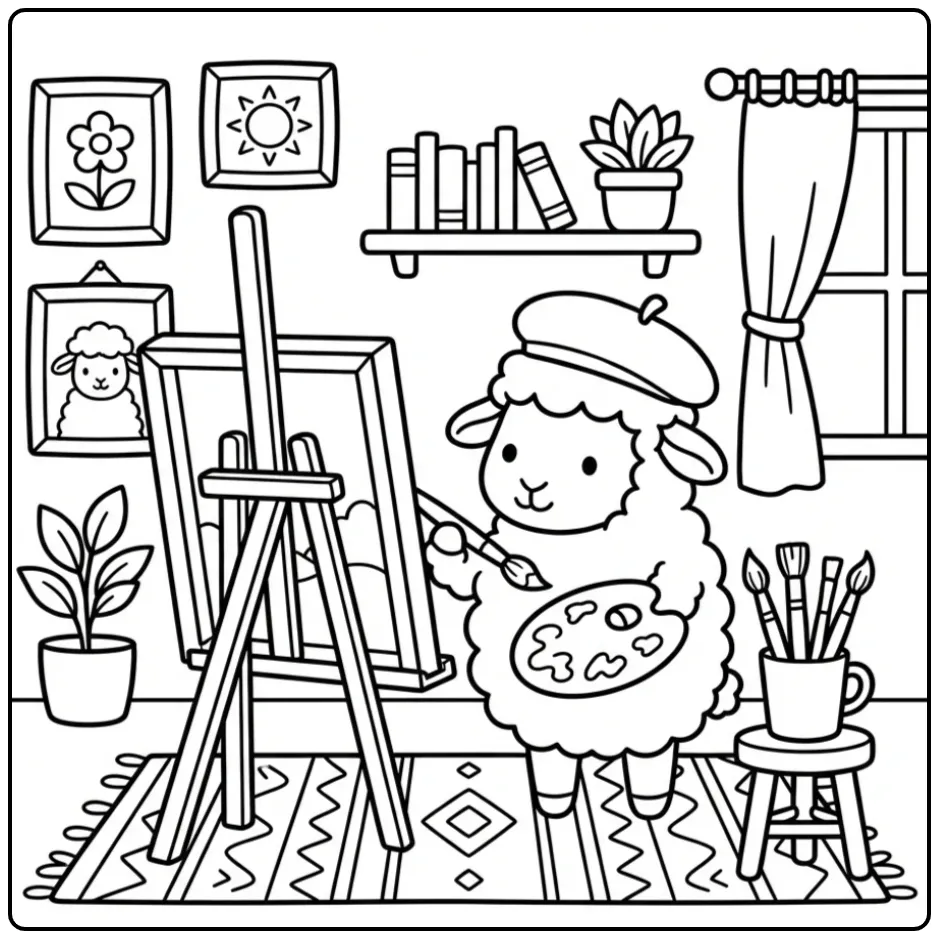 Een leuke kleurplaat schaap dat schildert op een ezel.