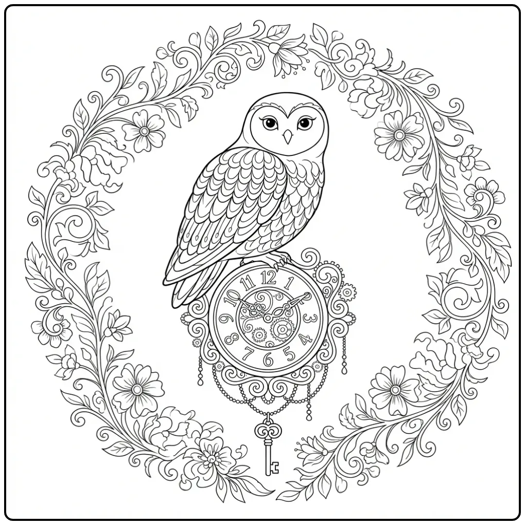 Elegante kleurplaat uil volwassenen op een sierlijke klok