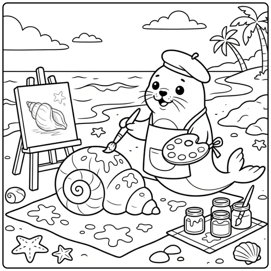 Leuke zeehond kleurplaat met schilderende pup op het strand.