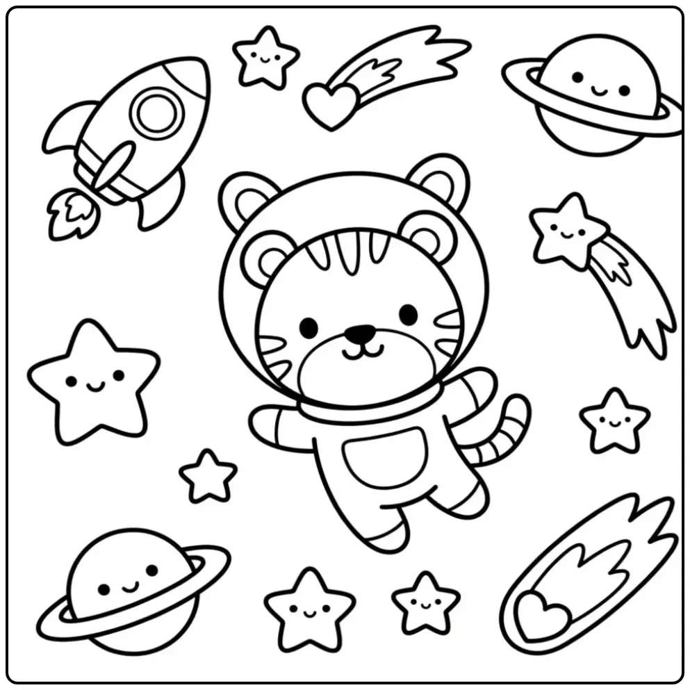 Een schattige tijger kleurplaat met astronaut in de ruimte