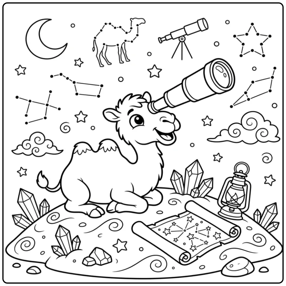 Schattige kameel kleurplaat kijkend door een telescoop.