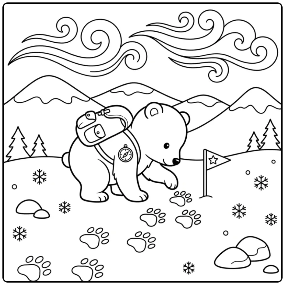 Schattige baby ijsbeer kleurplaat als verkenner met rugzak.