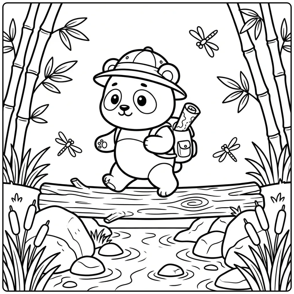 Baby panda kleurplaat op ontdekkingstocht bij de rivier.